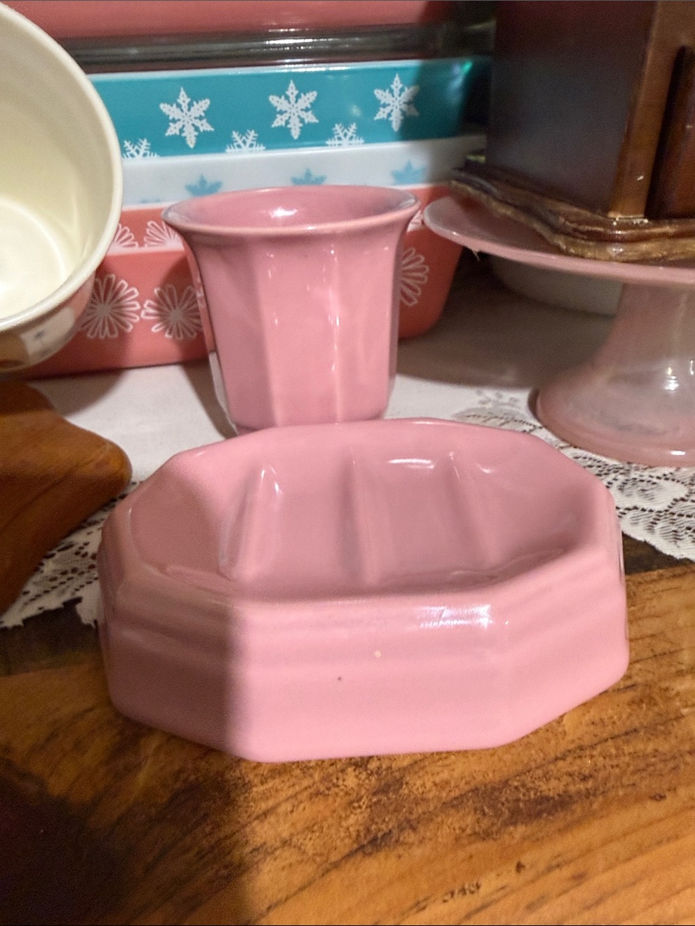 Pfaltzgraff dusty rose soap dish and tumbler set Cottagecore